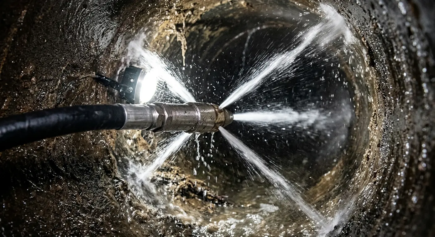High-pressure hydro jetting nozzle cleaning sewer pipe for Emergency Drain Service in Brook Park