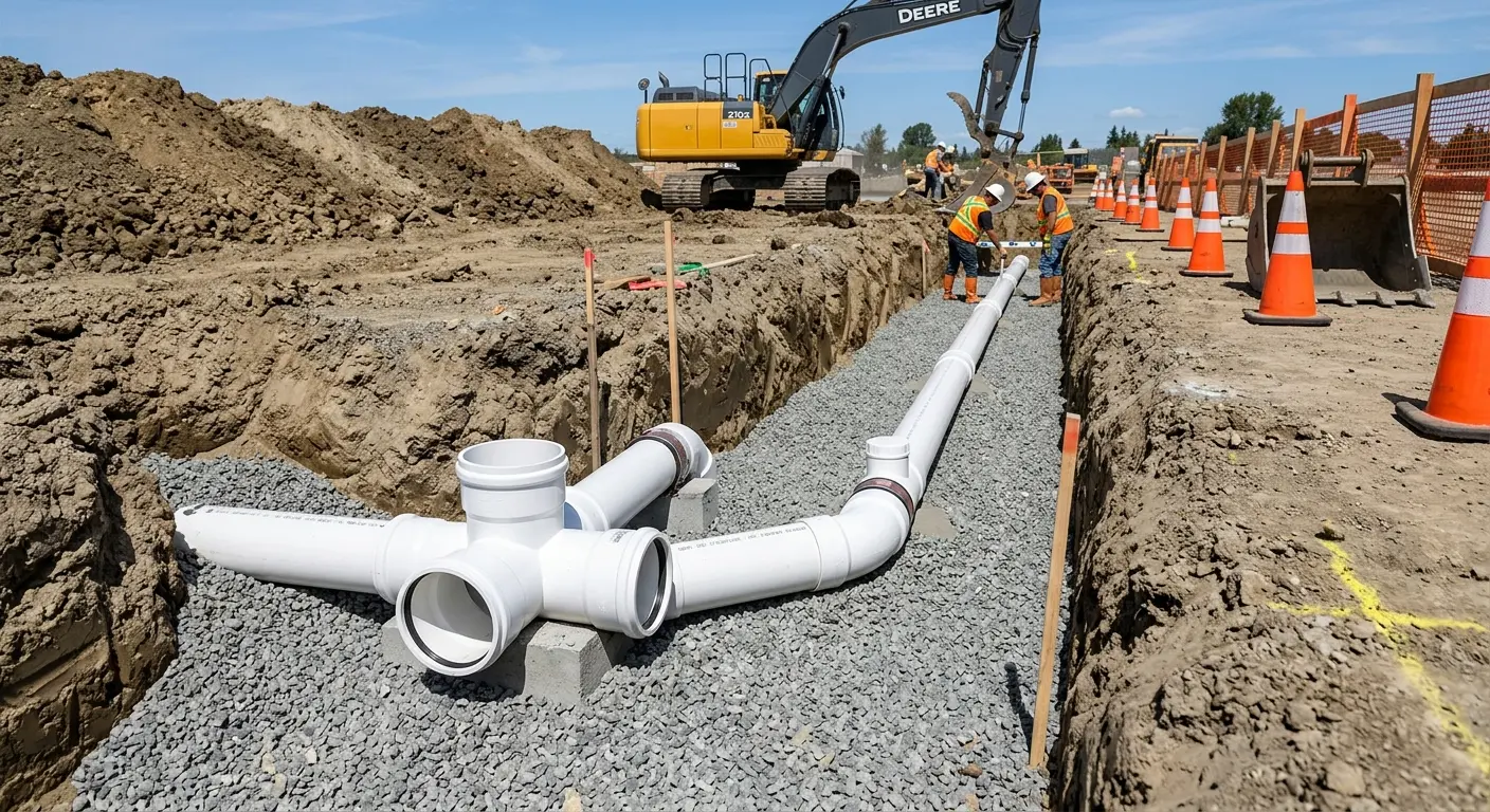 New PVC sewer pipe installation in open trench for Sewer Backup in Brook Park