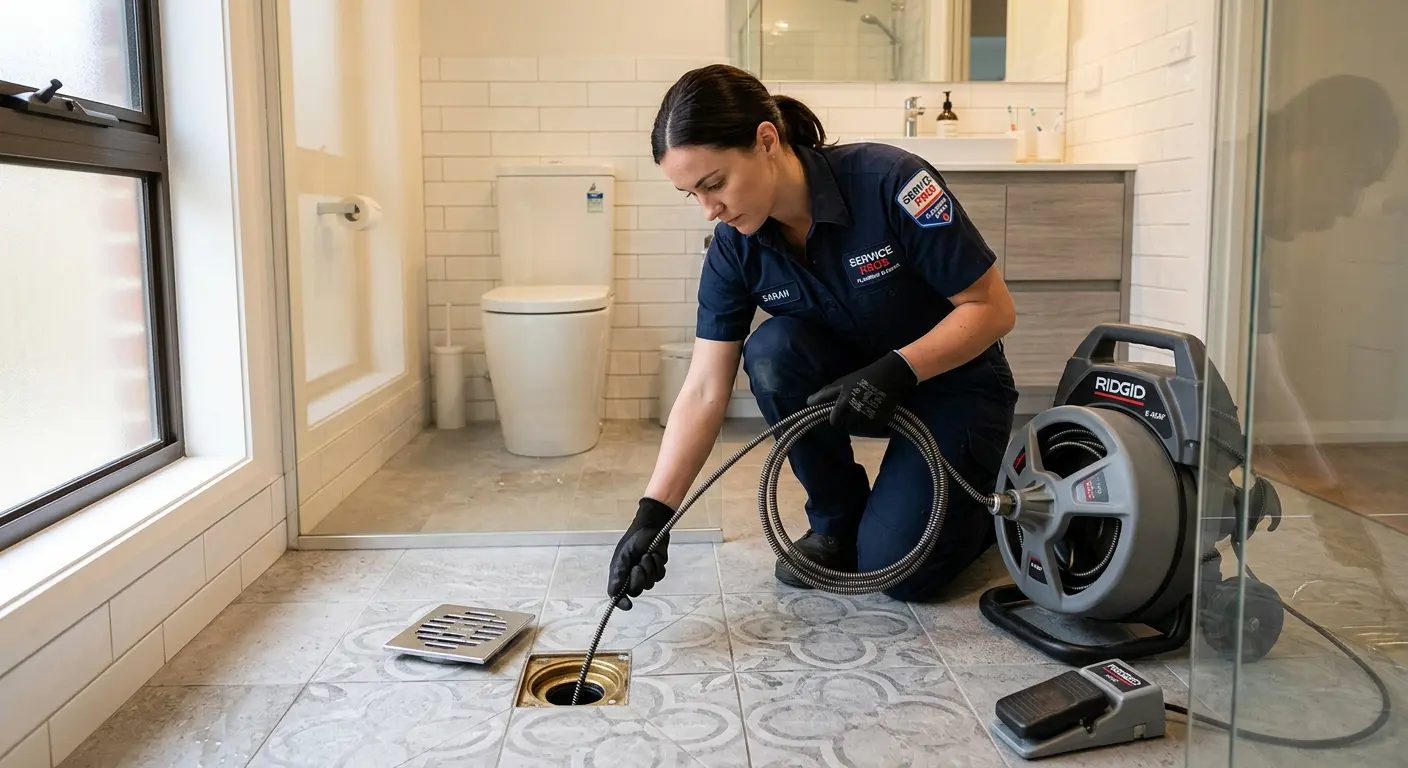 Technician clearing a bathroom floor drain for Drain Cleaning in Brook Park